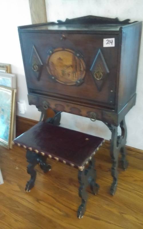 lot 24 image: Vintage Wood Inlay Secretary Desk With Key & Matching Bench