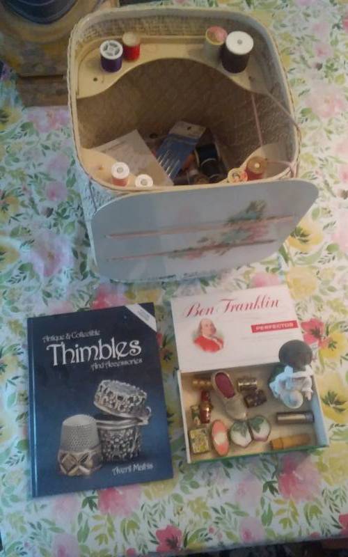lot 42 image: Vintage Sewing Box With Notions, Pin Cushions, Thimbles & Thimble Collector Book