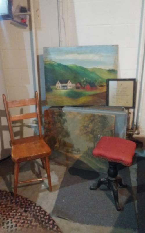 lot 67 image: Old Wood Chair, Swivel Stool With Metal Legs, Framed Needlework, 2-Old Pictures