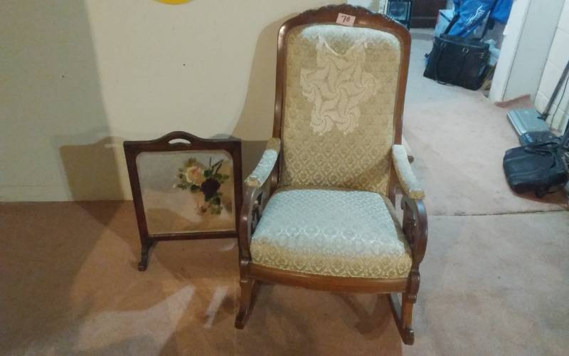 lot 70 image: Vintage Carved Wood Rocking Chair 36x24x38 & Standing Mirror With Floral Painting 17x23