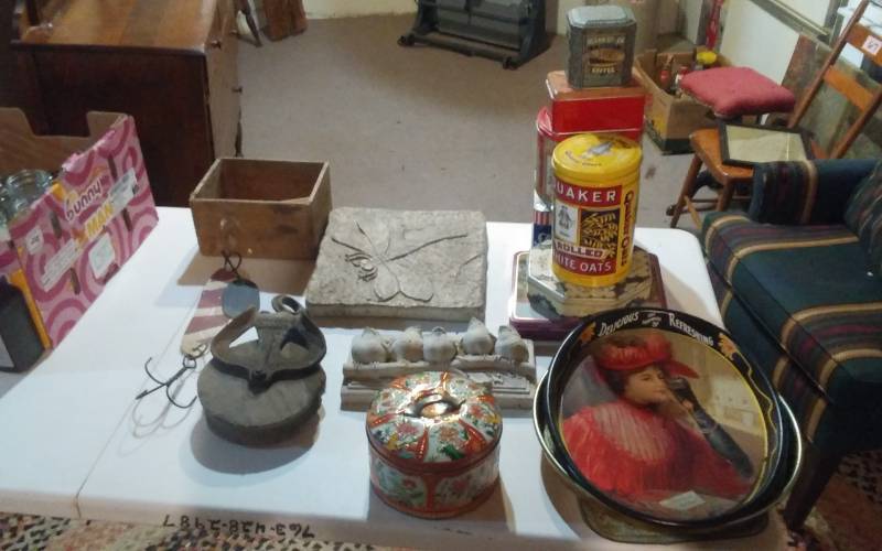 lot 73 image: Old Pulley, Stepping Stone, Assorted Tins, Coca-Cola Tray, Big Fishing Lure