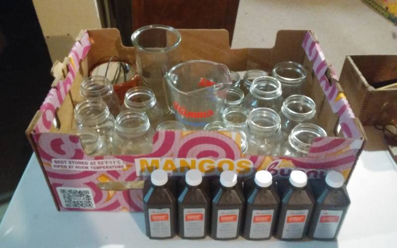 lot 74 image: Box Lot-Assorted Canning Jars, Hamms Beer Pitcher, Peroxide
