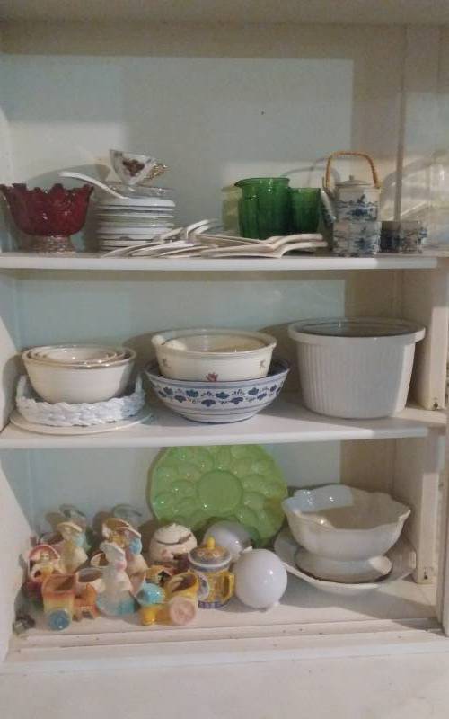 lot 81 image: Contents Of Cupboard Large Bowls, Tea Sets, Egg Plate, Lady PlanterVases, More