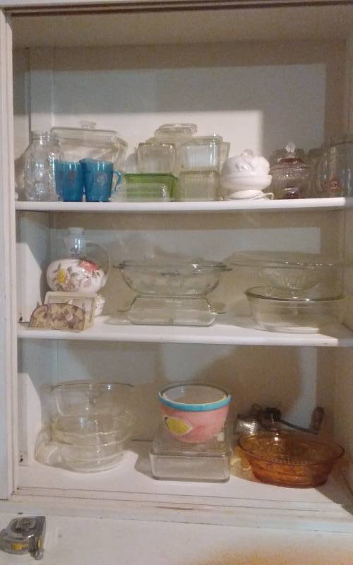 lot 82 image: Contents Of Cupboard Refrigerator Jars, Grinder, Shirley Temple Creamers, A&W Mugs, More