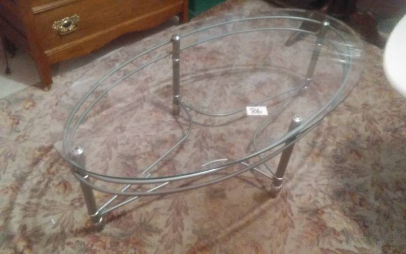 lot 86 image: Brushed Nickel Glass Top Coffee Table 52x30