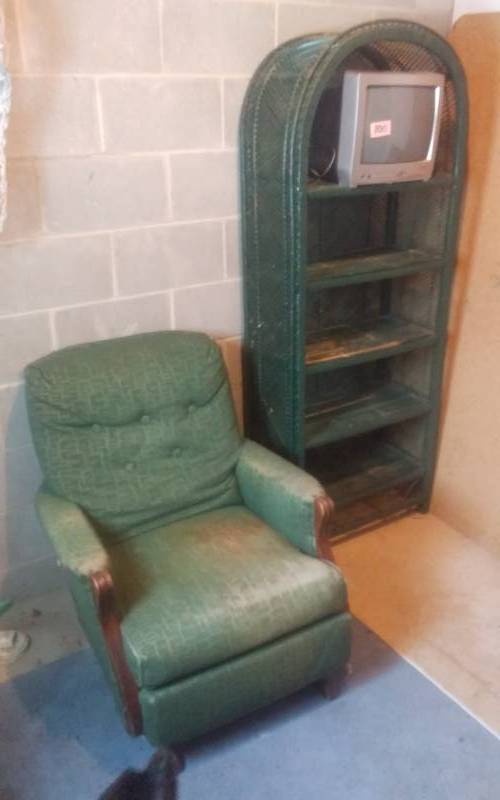 lot 100 image: Vintage Platform Rocker, Wicker Shelf, Toshiba Monitor