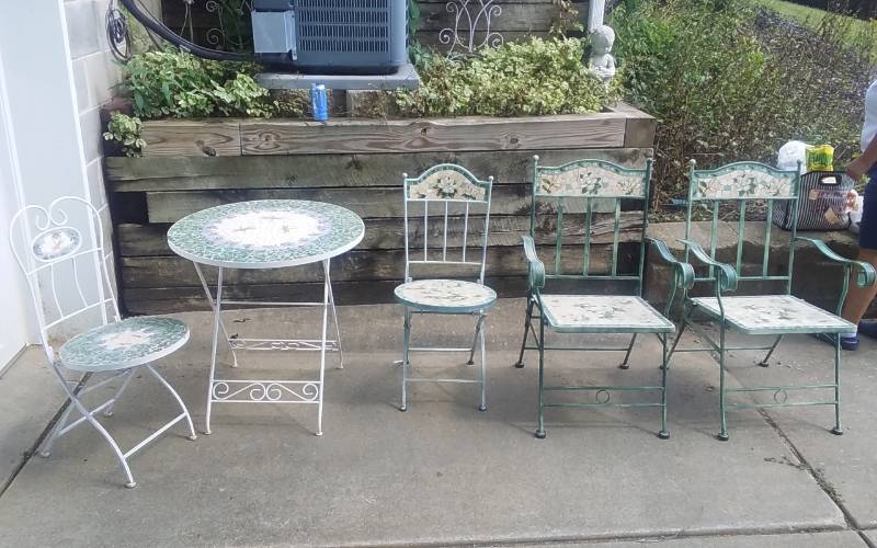 lot 101 image: 5-Piece Mosaic Tile Bistro Table With 1-Matching Chair, 2-Arm Chairs With 1-Matching Bistro Chair