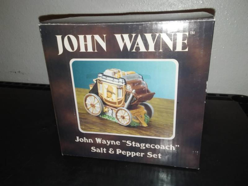 lot 24 image: John Wayne Stagecoach salt and pepper shakers NEW in box, diecast.