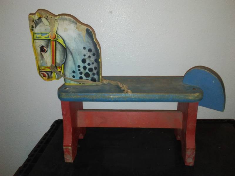 lot 79 image: Original wood riding toy horse. Great patina and litho