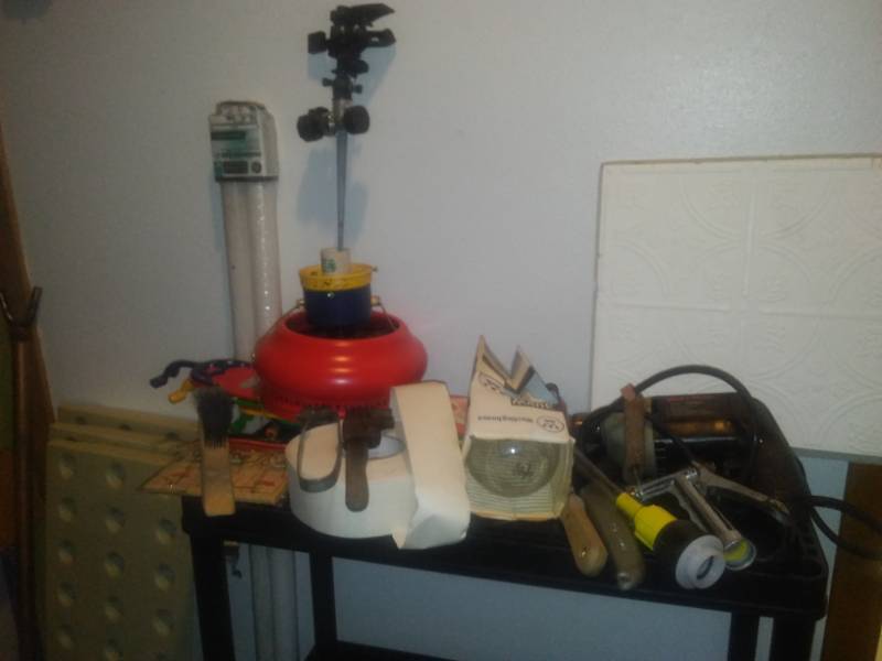 lot 121 image: Miscellaneous hardware shop items. Black & Decker plug in 38 drill, Works. Ceiling tile, 3 pegboard shelves, hand tools and more.