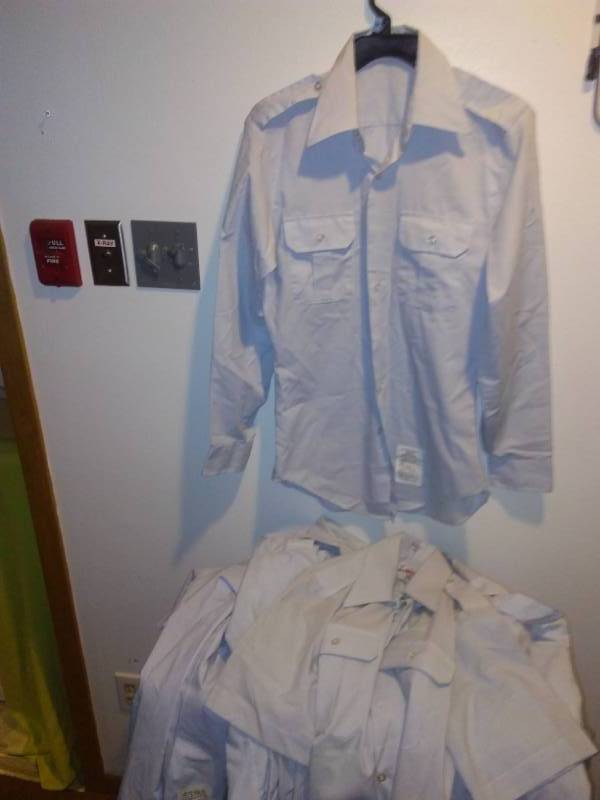 lot 135 image: 7 U.S. mens military official dress shirt blue 14, 14.5, 15, 15.5. Long and short sleeves. Great for Halloween, Murder Mystery, Stage Costumes and more
