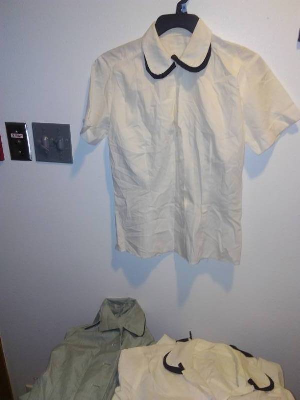 lot 136 image: 4 U.S. Armed Forces military womens shirts blouses. Size 10 and 12. Great for Halloween, Murder Mystery, Stage Costumes and more