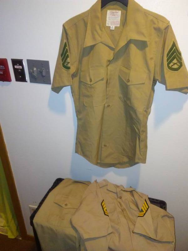 lot 138 image: 3 USMC Marine shirts, one master sergeant one gunnery sergeant. Great for Halloween, Murder Mystery, Stage Costumes and more