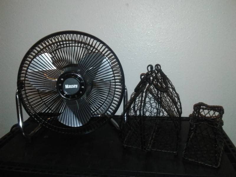 lot 145 image: Black metal fan, handbag and more. Massey fan 3-speed working condition.