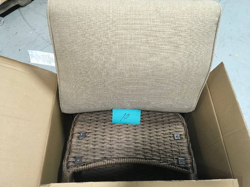 lot 10 image: Hampton Bay Beacon Park Wicker Outdoor Ottoman with Toffee Cushions in good condition