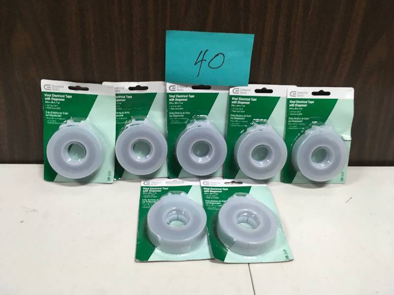 lot 40 image: Commercial Electric 30002660 34 in. x 33 ft. Vinyl Electric Tape. A box of 7 in good condition