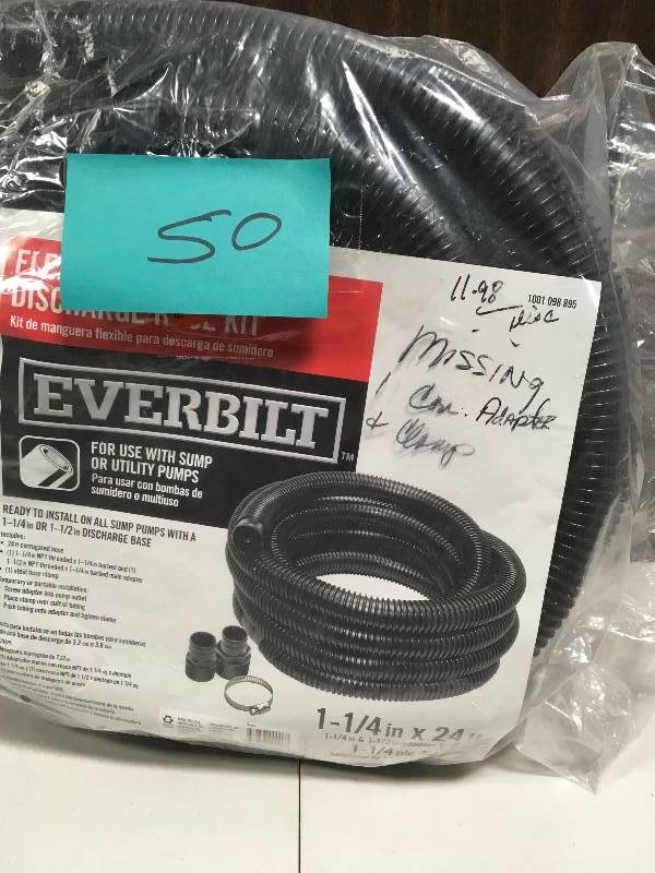 lot 50 image: Everbilt 1-14 in. x 24 ft. Sump Pump Discharge Hose Kit missing 1 cor Adaptor & clamp in good condition