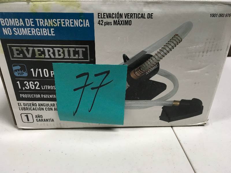 lot 77 image: Everbuilt 0.1 HP Non-Submersible Transfer Pump in Good Condition