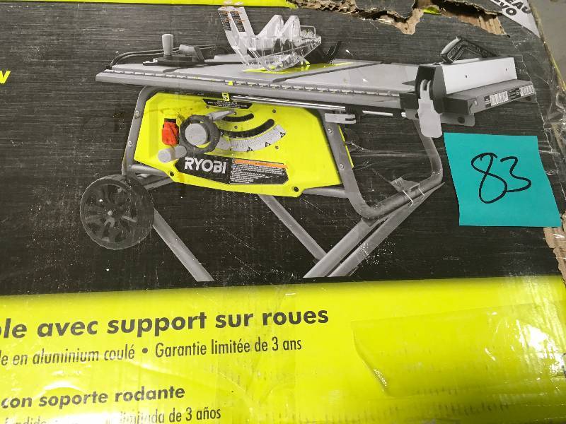 lot 83 image: Ryobi 10 in. Table Saw with Rolling Stand used in working Condition