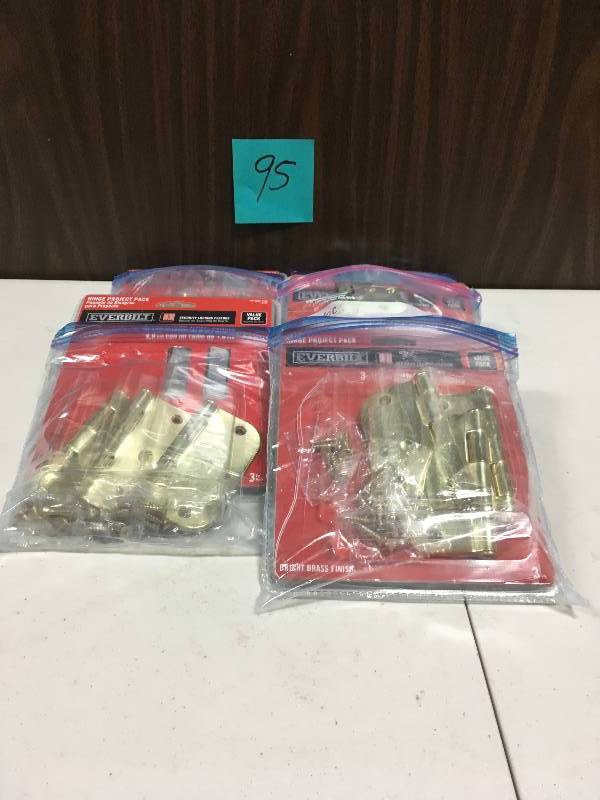 lot 95 image: Everbuilt 3-12 in. Bright Brass 58 in. Radius Security Door Hinges Value Pack (3-Pack) set of 4 in Good Condition