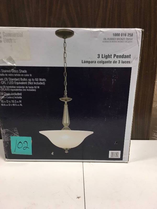 lot 102 image: Commercial  Electric 3-Light Oil Rubbed Bronze Pendant with Tea-Stained Glass Shade in Good Condition