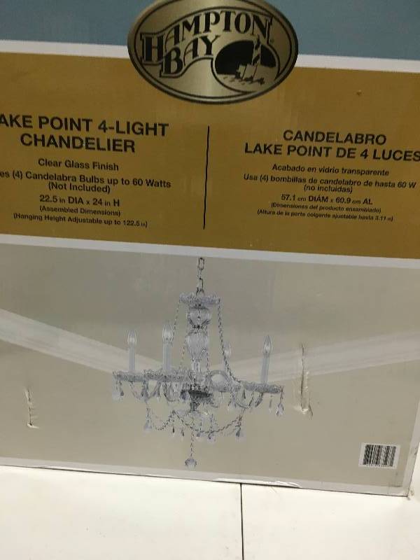 lot 106 image: Hampton Bay Lake Point 4-Light Chrome and Clear Crystal Chandelier New