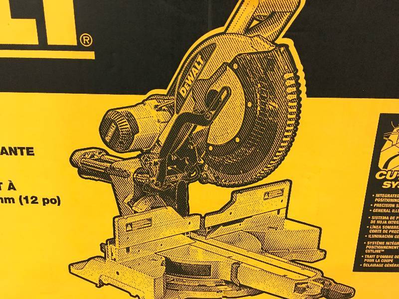 lot 132 image: Dewalt 15 Amp 12 in. Double Bevel Sliding Compound Miter Saw open box in like new condition DWS780