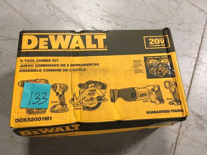 lot 133 image: Dewalt 20-Volt MAX Lithium Ion Cordless Combo Kit (5-Tool) with 2Ah and 4Ah Batteries and Contractor Bag open box not used