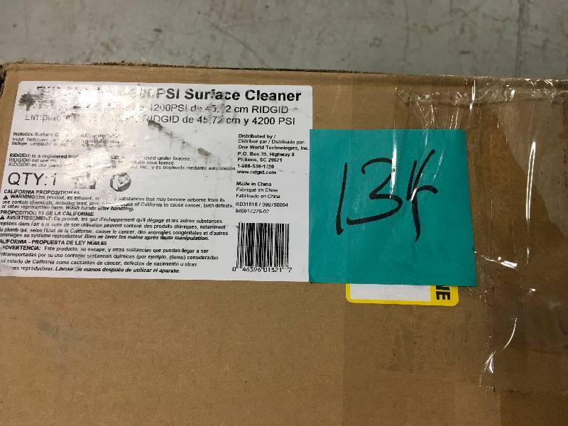 lot 134 image: Ridgid Professional 18 in. 4200 PSI Quick Connect Surface Cleaner for Gas Pressure Washers open box in like new condition