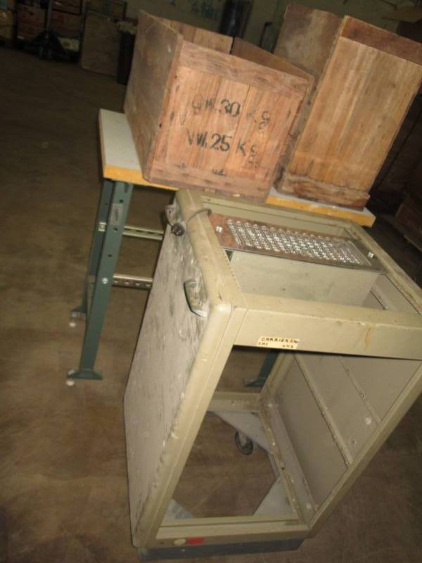lot 91 image: wood crates and 19 inch rack cabinet with 120 Vac fan, on wheels, heavy duty table
