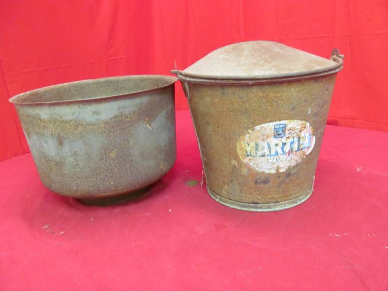 lot 34 image: milk strainer, Martin ware milk pail