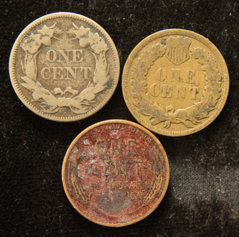3 SMALL CENTS 1857 FLYING EAGLE 1907 INDIAN HEAD AND 1922-D WHEAT (BADLY CORRODED)