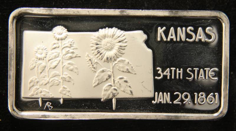 1 TROY OZ. .999 FINE SILVER BAR 50 STATES SERIES KANSAS (NICELY TONED)