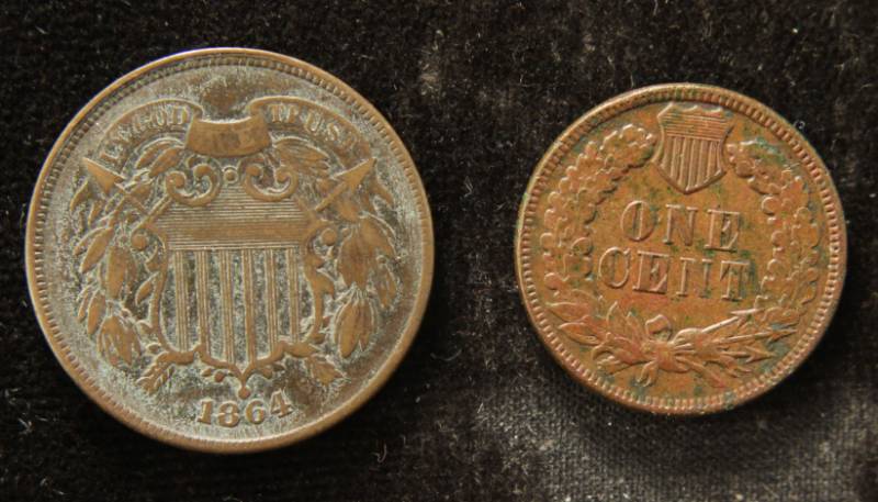 (2) COINS 1898 INDIAN HEAD CENT & 1864 TWO CENT PIECE