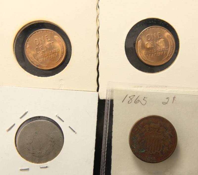 (4) COINS 1954-S 1955-S BU WHEAT CENTS 1895 V NICKEL & 1865 TWO CENT PIECE