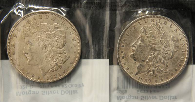 (2) MORGAN SILVER DOLLARS 1889 & 1921-D XF