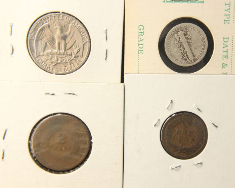 (4) COINS 1882 INDIAN 1C, 1864 2C PIECE, 1945 MERCURY 10C & 1968-S PROOF QUARTER