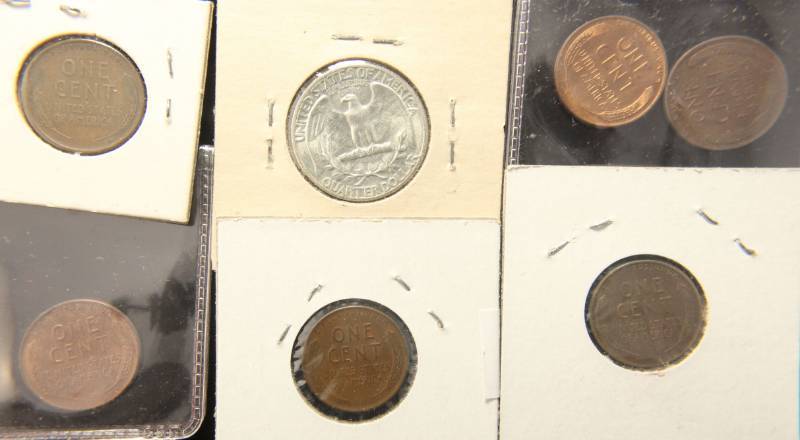 (7) COINS 6X HIGH GRADE WHEATS & 1X BU SILVER QUARTER