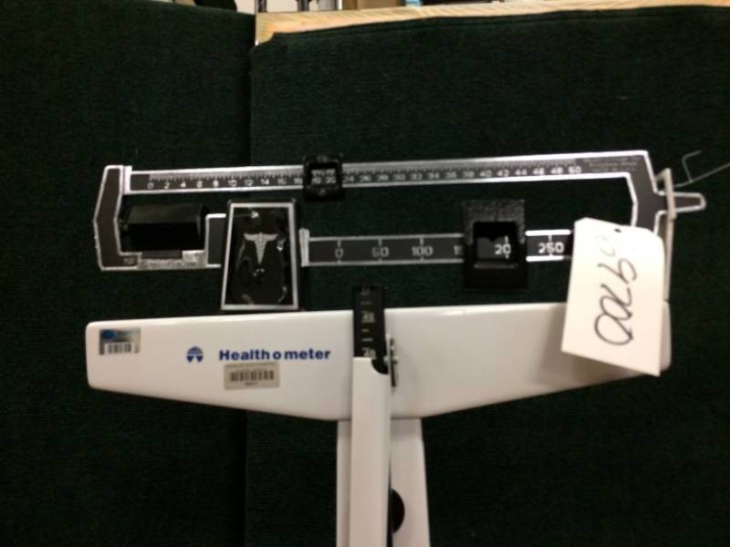 lot 20 image: Health o Meter Heavy Duty Medical Clinic Physicians 350lb Balance Beam Scale With Grab Assist Bar & Height Rod - Super Condition