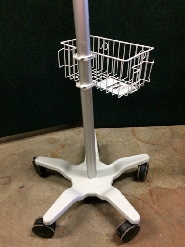 Mobile Monitor Mount with Utility Equipment Storage Wire Basket