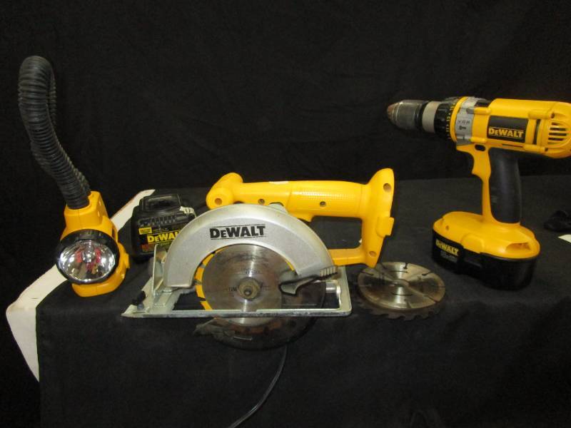 lot 50 image: DeWalt Drill, Electric Saw, Rechargeable Light, Battery Charger