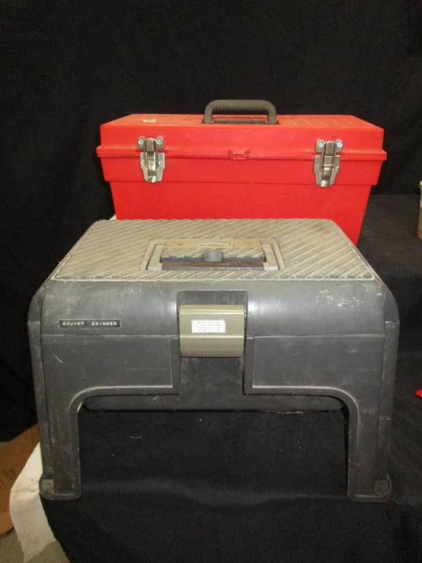 lot 56 image: Work Storage Stool, Large Tool Box Full of Misc Tools