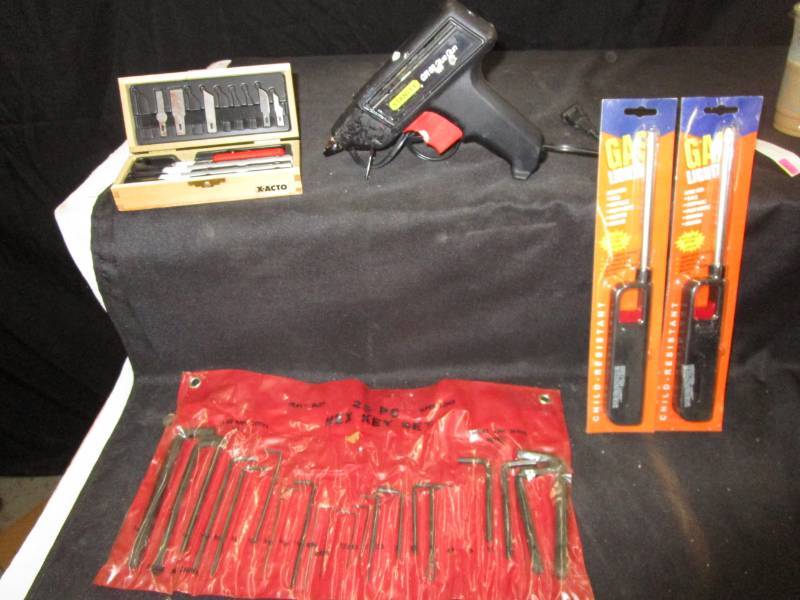 lot 60 image: Lighters in Box, Stanley Glue Gun, X-acto Set