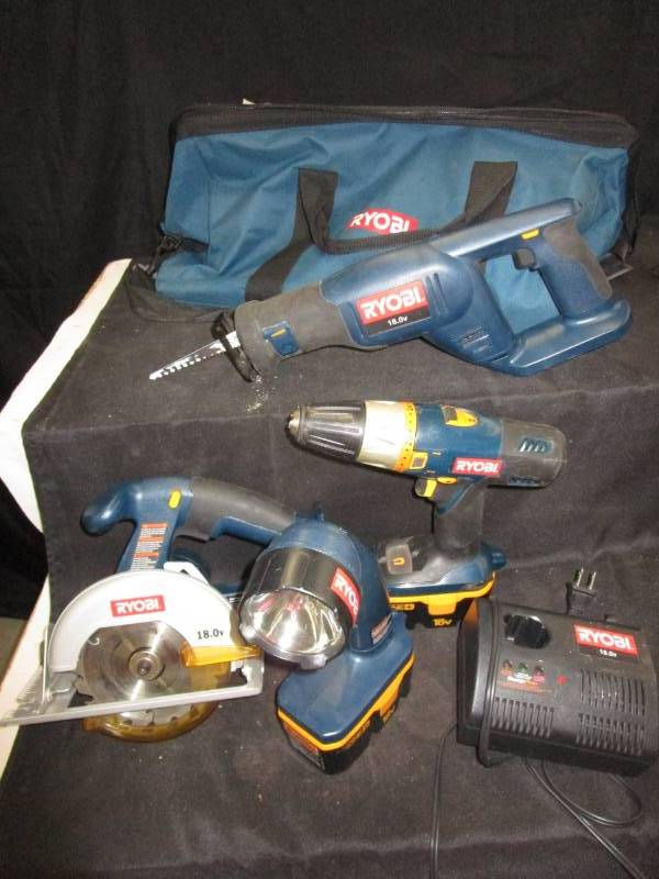 lot 72 image: Ryobi Flashlight, Drill, Table Saw, Reciprocating Saw, Battery Charger, Matching Bag