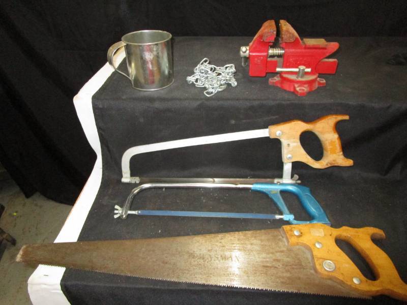 lot 81 image: Handsaws, Small Chain, Antique Tin Mug