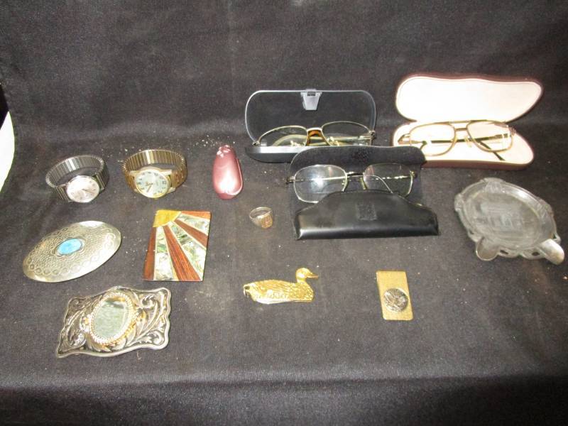 lot 84 image: Turquoise, Sterling Silver Belt Buckles and other Buckles. Glasses Cases, Watches