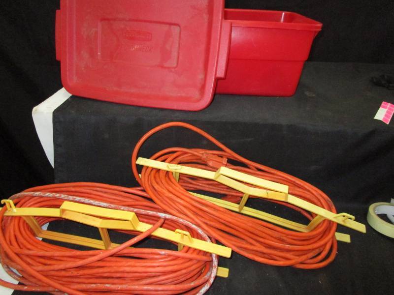 lot 94 image: 2 Extension Cords, Small Tote with Misc Tools
