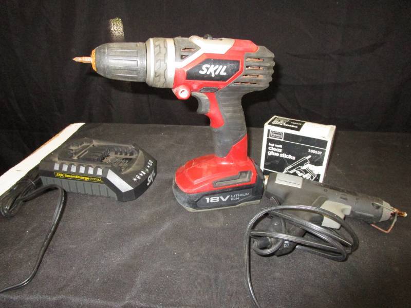 lot 99 image: Hot Glue Gun, Glue Sticks, Skil Drill with Charger
