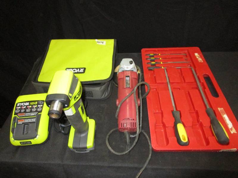 lot 107 image: Ryobi 12v cordless hammer with charger.  Elec hand grinder, hand file set