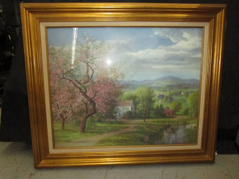 lot 118 image: Beautiful country scene with apple blossoms 38x33